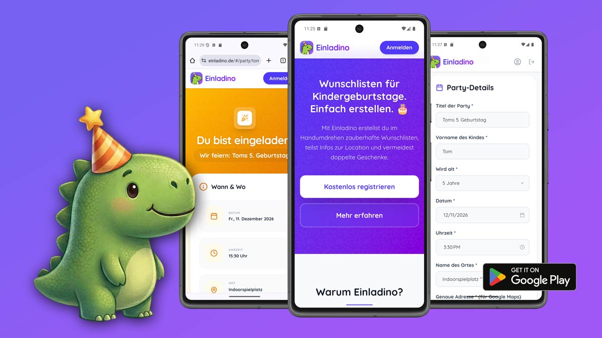 Screenshots der Einladino App zur Erstellung digitaler Einladungen für Kindergeburtstage