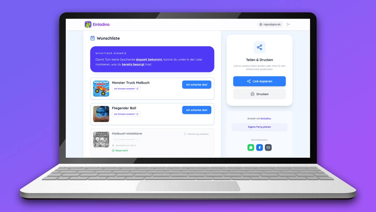 Desktop-Ansicht der Einladino Web-App mit der interaktiven Wunschliste und Geschenk-Reservierungen.